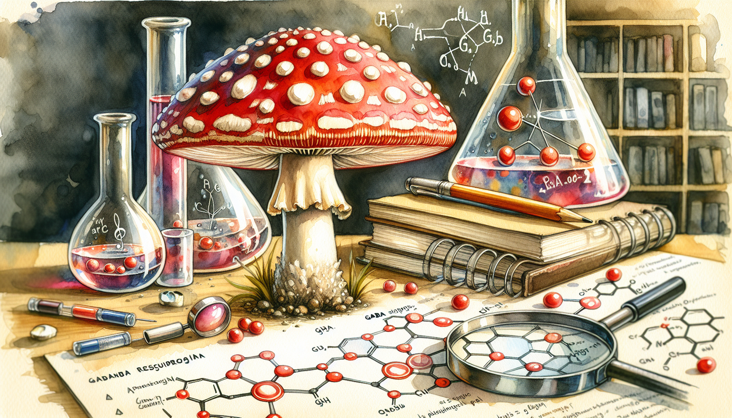 Amanita muscaria mushroom with research lab equipment showing scientific study of mushroom benefits