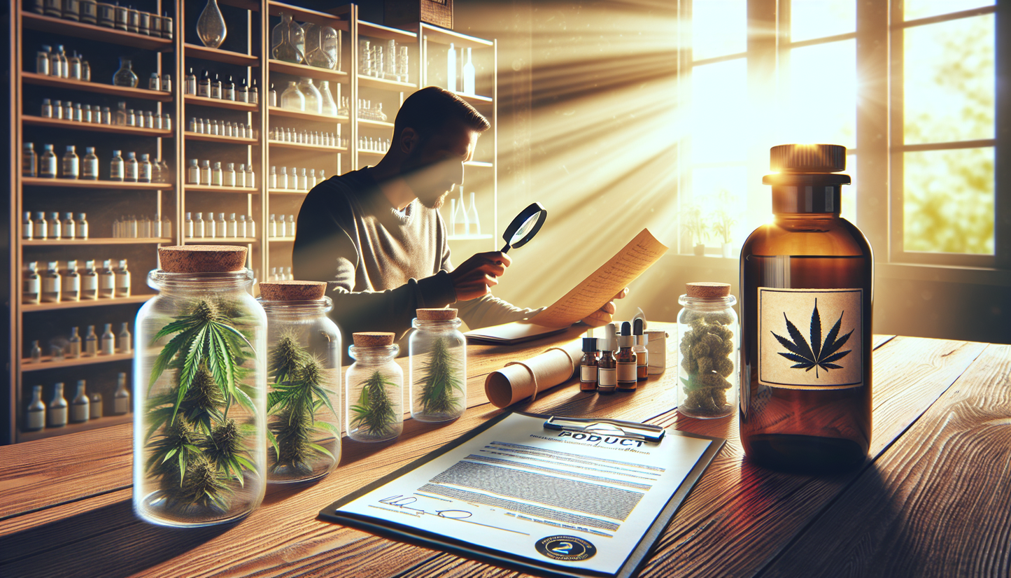 Person examining CBD product with magnifying glass and lab certificate, hemp plants visible, transparent verification process