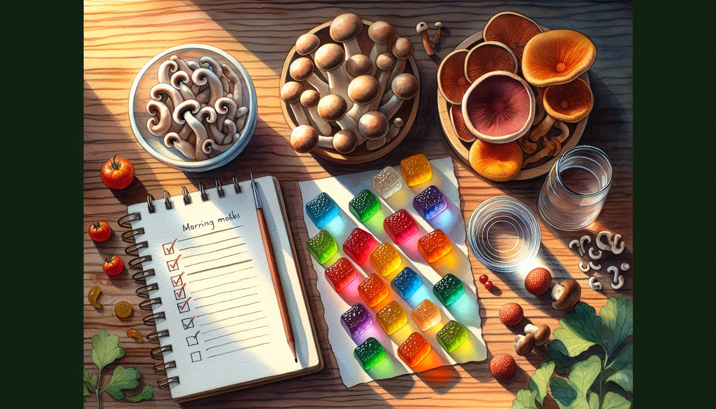 Colorful mushroom gummies next to fresh functional mushrooms and a notebook tracking wellness results