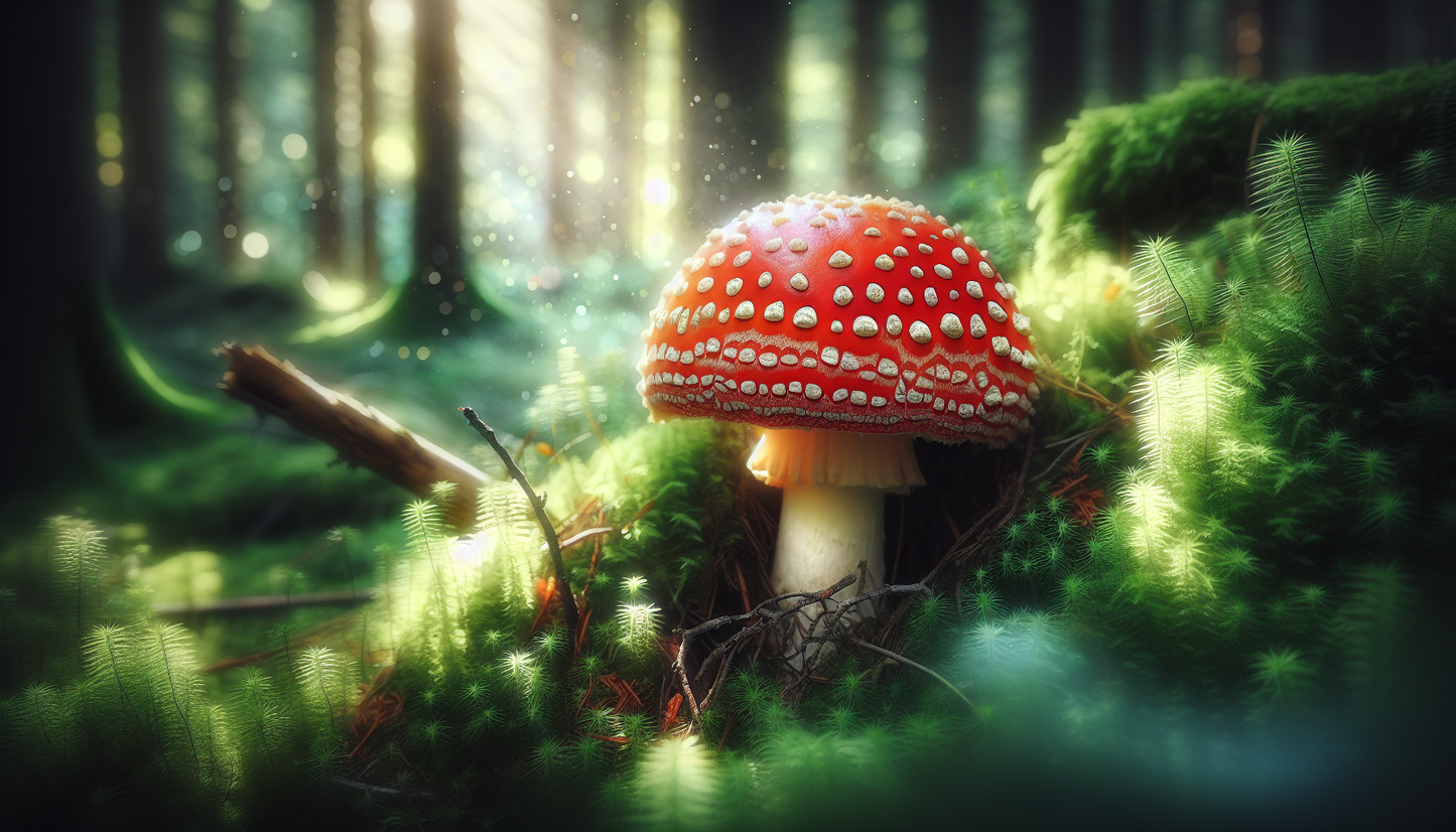 Red and white spotted Amanita Muscaria mushroom in natural forest setting