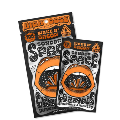 Wake N' Bacon Sonder Space THC Crystals packaging with stylized open mouth illustration