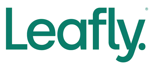 Teal-colored ’leafly’ logo with a modern, bold sans-serif font.